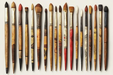 Poster - Collection of artist paintbrushes arranged neatly on a light background showcasing various sizes and shapes of bristles