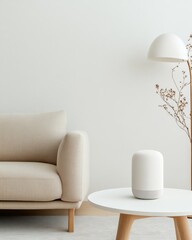 Aufkleber - Minimalist Smart Home Living Voice Assistant Speaker on Sleek White Table in Neutral-Toned Room Modern Tech Innovation for Lifestyle Enhancement and Interior Design