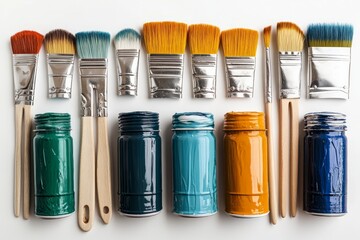 Poster - Colorful paint jars and brushes arranged neatly on a clean surface for an art project in a bright workspace