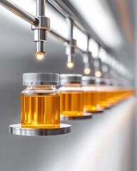 Poster - Sleek Industrial Pharma Production Stainless Steel Automation with Amber Vials - Precision Manufacturing Content for Pharmaceutical Innovation and Quality Assurance