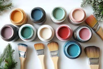 Poster - Colorful paint jars and brushes arranged on a table with greenery in a creative workspace