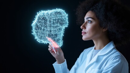 Poster - Futuristic Scientific Visualization Latina Scientist in Lab Coat with Interactive Holographic Data - Cutting-Edge Tech for Urban Research and Commercial Innovation