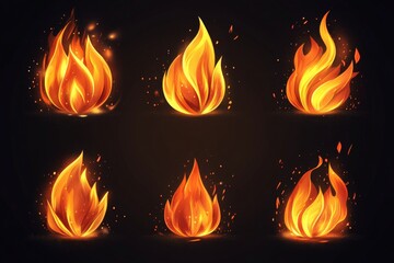 Poster - Various designs of vibrant flames on a dark background showcasing energy and movement