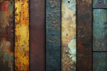 Aufkleber - Rusty metal panels arranged vertically showcasing textures and colors in a modern design setting