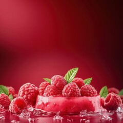 Raspberry jelly dessert garnished with fresh raspberries and mint leaves, surrounded by ice on a vibrant red background, copy space for text