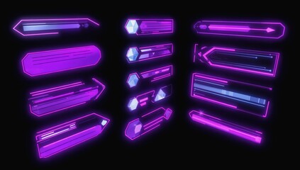Neon purple futuristic UI elements, digital interface design, game HUD, dark background, for video game development