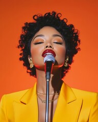 Poster - Vibrant Stage Presence Young Black Female Singer in Bold Outfit with Microphone - Dynamic Entertainment Branding and Live Performance Promotion in Modern Music Industry