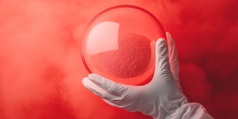 Aufkleber - Contemporary Eco-Chic Lab Gloved Hand with Red Powder in Glass Bowl on Vibrant Background - Sustainable Chemical Analysis Content for Environmental Monitoring and Scientific Research