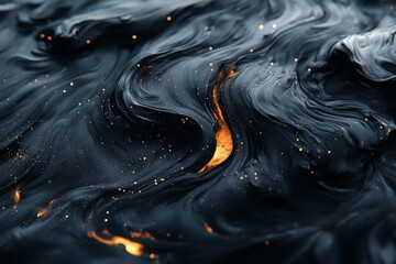 Poster - Swirling black liquid with glowing orange hints creates a mesmerizing visual pattern in this abstract art piece