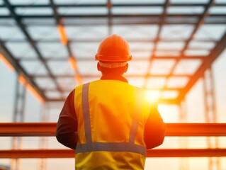 Poster - Modern Industrial Construction Steel Framework Structuring at Sunrise, Safety Gear Insight - Building Innovation and Structural Progress for Construction Industry Marketing