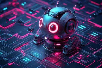 Fototapete - Innovative robot stands on a glowing circuit board surrounded by neon lights at a futuristic technology exhibition