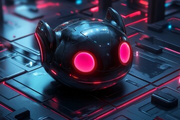 Aufkleber - Shiny futuristic robot with glowing pink eyes in a high-tech environment surrounded by neon lights