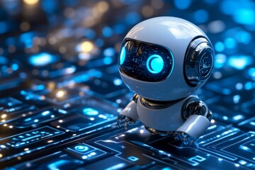 Leinwandbilder - Small robot with glowing blue eyes exploring a futuristic digital landscape filled with circuits and patterns