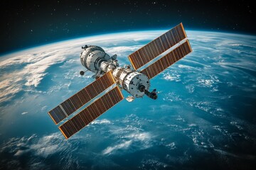 Aufkleber - Satellite orbiting Earth with solar panels extending in the vastness of space showcasing the beauty of our planet