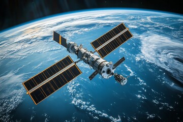 Poster - International space station orbits Earth with solar panels extended during a clear daylight