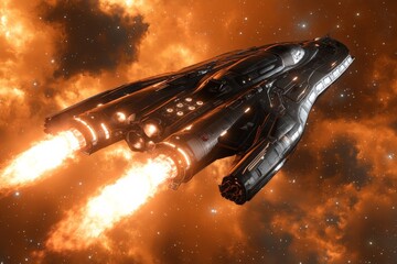 Poster - Spaceship navigates through fiery nebula in deep space with bright thrusters ignited