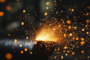 Aufkleber - Sparks fly during metalworking in a workshop at dusk creating a mesmerizing display of light and energy