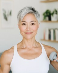 Canvas Print - Contemporary Healthy Living Asian Woman, 45, with Dumbbell in Modern Minimalist Home - Micro Workouts for Busy Lifestyles and Digital Wellness Content