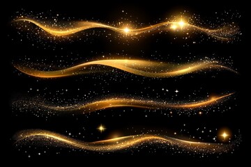 Fototapete - Golden wave patterns with sparkling stars create an enchanting display in a dark background