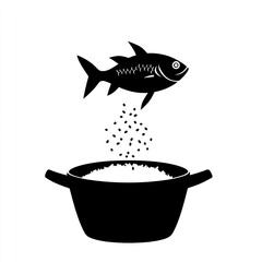 Wall Mural - Fish falling into rice pot; cooking; kitchen; simple graphic; recipe illustration