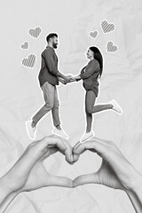 Poster - Creative artwork designed collage photo of young two jumping hands together valentine day stay love sign fingers isolated on painted blue background