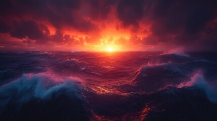 Canvas Print - Fiery ocean sunset, stormy waves, dramatic sky, nature scene