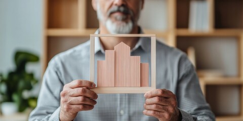 Poster - Contemporary Eco-Friendly Architecture Senior Male Architect with Wooden Model - Innovative Urban Planning and Design Solutions for Sustainable Building Projects