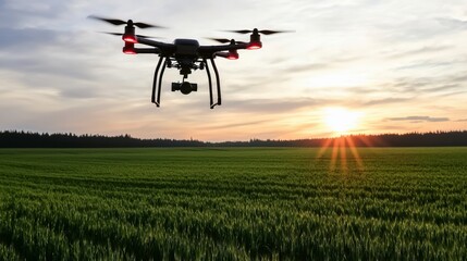 Wall Mural - Drone aerial view of sunset over lush green field nature photography scenic landscape peaceful environment