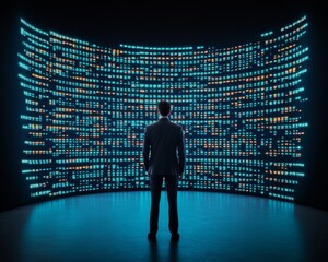 Leinwandbilder - Futuristic Financial Analysis Businessman Silhouette Amidst Neon Blue Stock Charts - Visualizing Market Trends for Strategic Growth and Digital Consulting