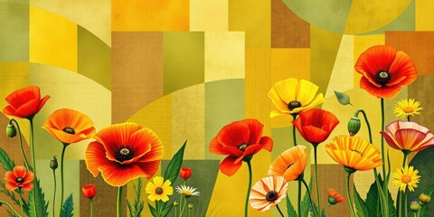 Wall Mural - Red and yellow poppie arranged in patchwork style, unique, artistic, garden