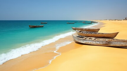 Wall Mural - Scenic Tropical Beach with Wooden Boats on Golden Sand Shoreline and Turquoise Ocean Waves Under Clear Sky - Perfect Travel Destination and Relaxation Escape