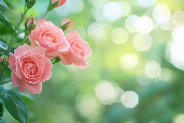 Aufkleber - Beautiful pink roses blooming in a lush garden under soft sunlight during spring. Generative AI
