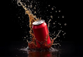 Wall Mural - A red drink can mockup with cola splash on dark studio light background