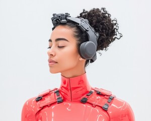 Fototapete - Futuristic Workplace Efficiency Latina Tech Professional in Adaptive Exoskeleton with Sleek Red Finish - Innovation in Robotics and Modern Inclusive Design