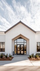 Poster - Modern Minimalist Architecture Contemporary White Brick Building with Landscaped Entrance for Premium Office Spaces - Sleek Design and Energy Efficiency Enhancements