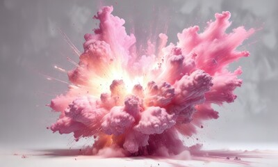 Wall Mural - Soft pink misty explosion on white background, soft focus, gentle burst