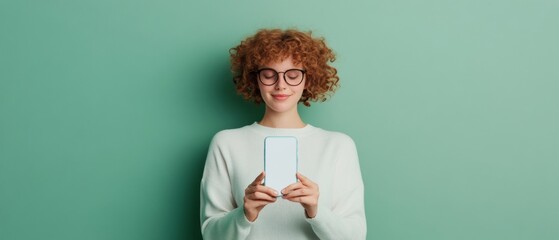 Poster - Minimalist Smartphone Showcase Curly-Haired Woman with Glasses on Pastel Green - Tech Innovation Display and Digital Marketing Visuals for Contemporary Product Promotion
