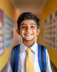 Aufkleber - Vibrant Campus Return Youthful Indian Boy with Blue Backpack in Sunlit School Hallway - Cinematic Academic Content and Optimistic Education Branding