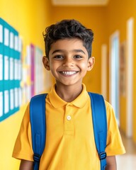 Poster - Sunlit School Confidence Smiling Indian Boy with Blue Backpack in Colorful Hallway - Vibrant Educational Imagery for School Supplies Marketing and Youth Engagement