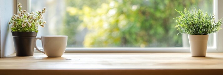 Aufkleber - Brightly lit window with empty space for text, featuring two potted plants and a coffee cup on a wooden table. Generative AI
