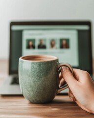 Leinwandbilder - Contemporary Minimalist Home Office Ceramic Mug and Virtual Team Meeting on Laptop - Remote Work Essentials and Digital Collaboration for Modern Business Culture