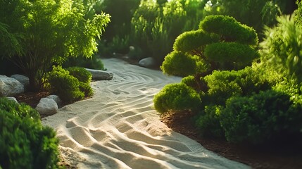 Wall Mural - Tranquil Zen Garden: Sand ripples, lush greenery, peaceful ambiance.