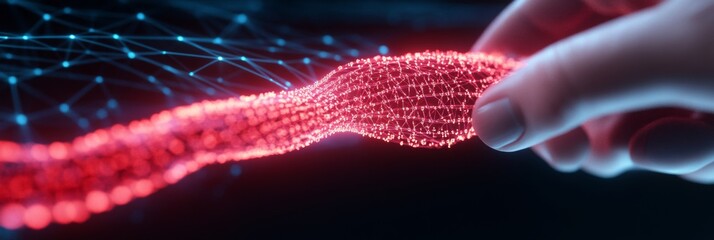Poster - Neon Futuristic Data Visualization Hand Interacting with Digital Network Nodes - Cutting-Edge IT Solutions Advertising and Virtual Diagnostics in Tech and Digital Marketing
