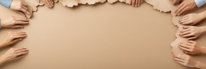 Poster - Collaborative Workspace Diverse Hands on Brown Textured Paper, Symbolizing Inclusive Teamwork and Creative Business Solutions for Modern Office Productivity
