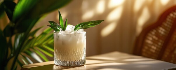 Wall Mural - Refreshing cocktail with ice and green leaves in elegant glass, beautifully lit by sunlight, surrounded by tropical plants, copy space for text