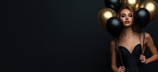 Elegant woman holding black and gold balloons in stylish black dress against dark background, perfect for celebration or party themes, copy space for text