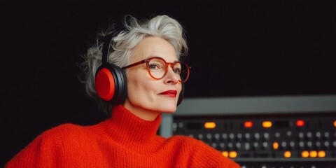 Leinwandbilder - Contemporary Sound Design Aesthetics Elegant Red Knit and Berry Lips in Studio - Innovative Audio Engineering and Artistic Music Production for Mature Professionals