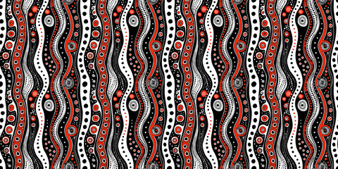 abstract black white and red pattern with dots and spirals