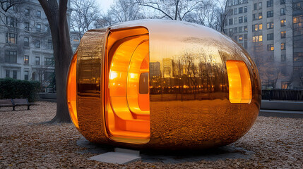 Fototapete - A modern, golden, egg-shaped structure stands in a park, illuminated from within, surrounded by autumn leaves and trees