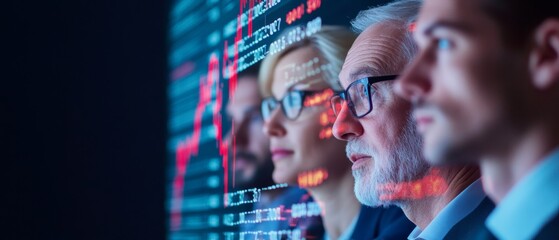 Poster - Contemporary Market Analysis Diverse Professional Team Examining Digital Financial Trends on Interactive Display - Enhanced Business Strategies and Collaborative Decision-Making